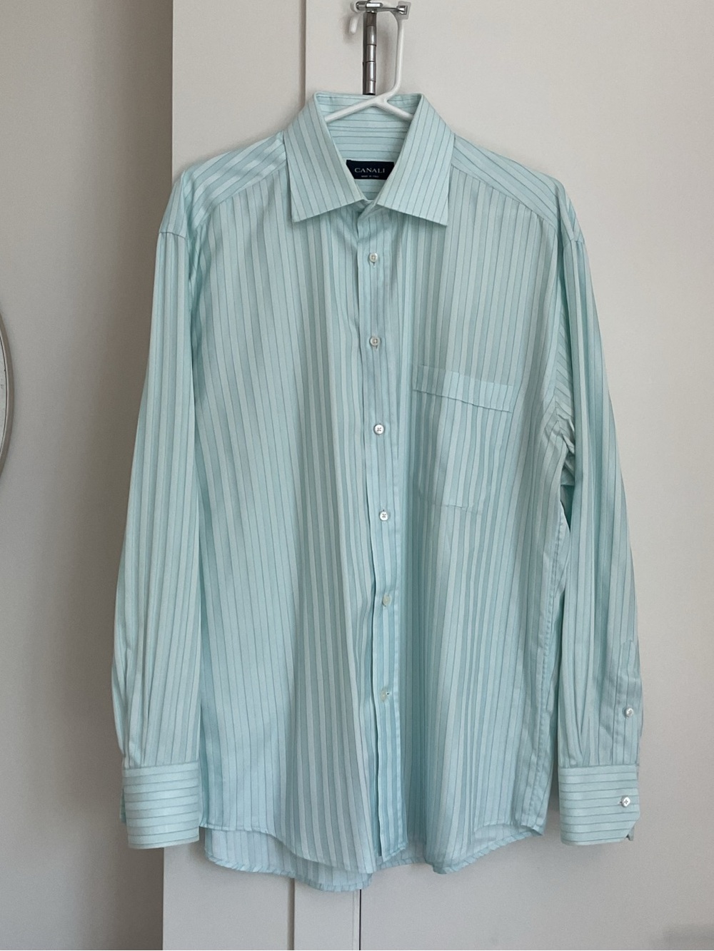 Canali Light Mint Spread Collar Green Vertical-Stripe Dress Shirt- made in Italy